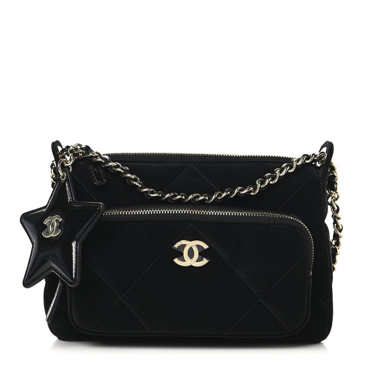 Velvet Effect Nylon Shiny Crumpled Calfskin Quilted Chanel 25 Clutch With Chain Black