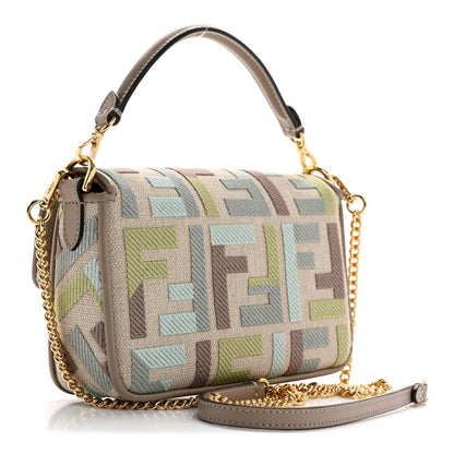 Canvas Vitello King Seta FF Embroidered Mini Baguette Matcha Milk Dove