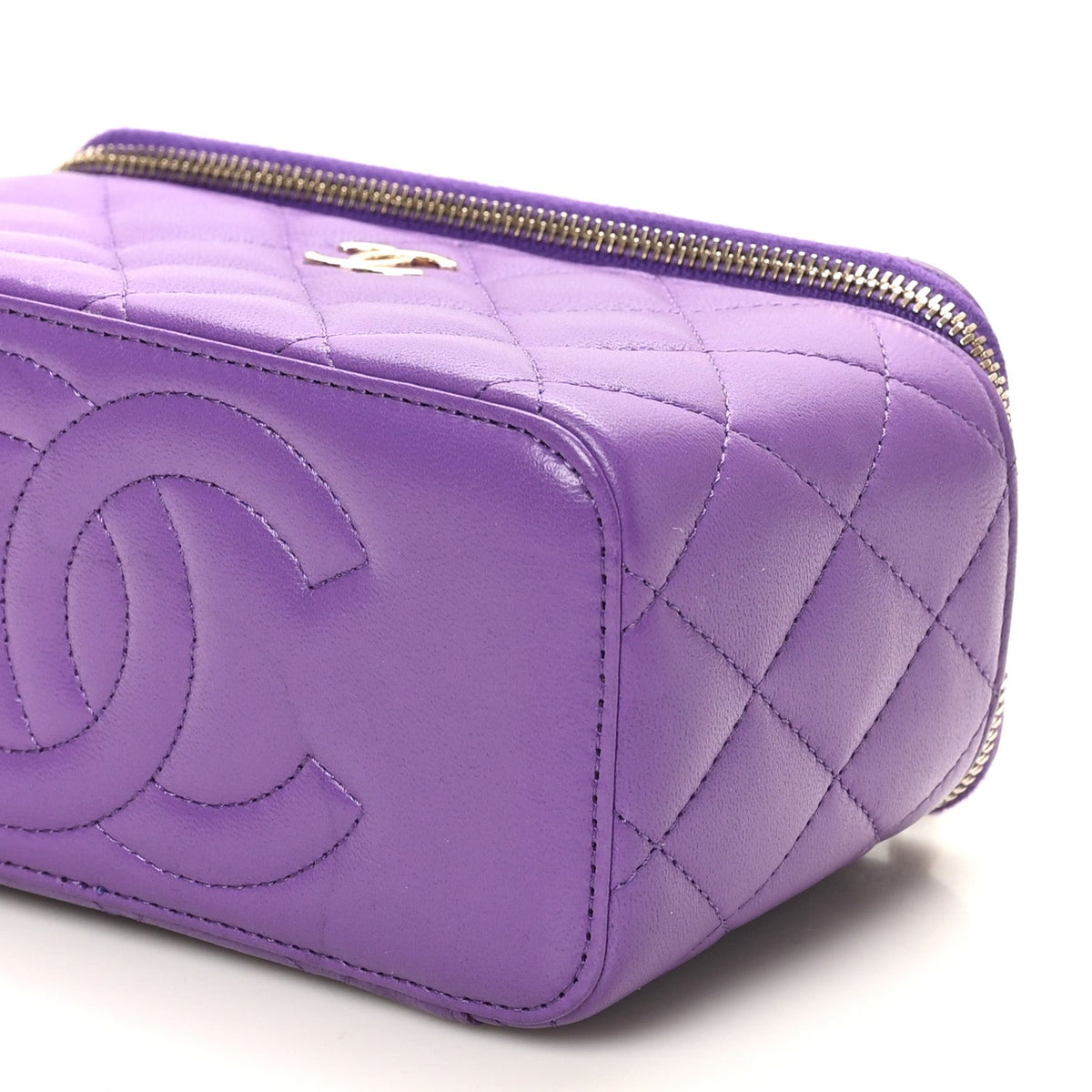 Lambskin Quilted Small Top Handle Vanity Case With Chain Purple