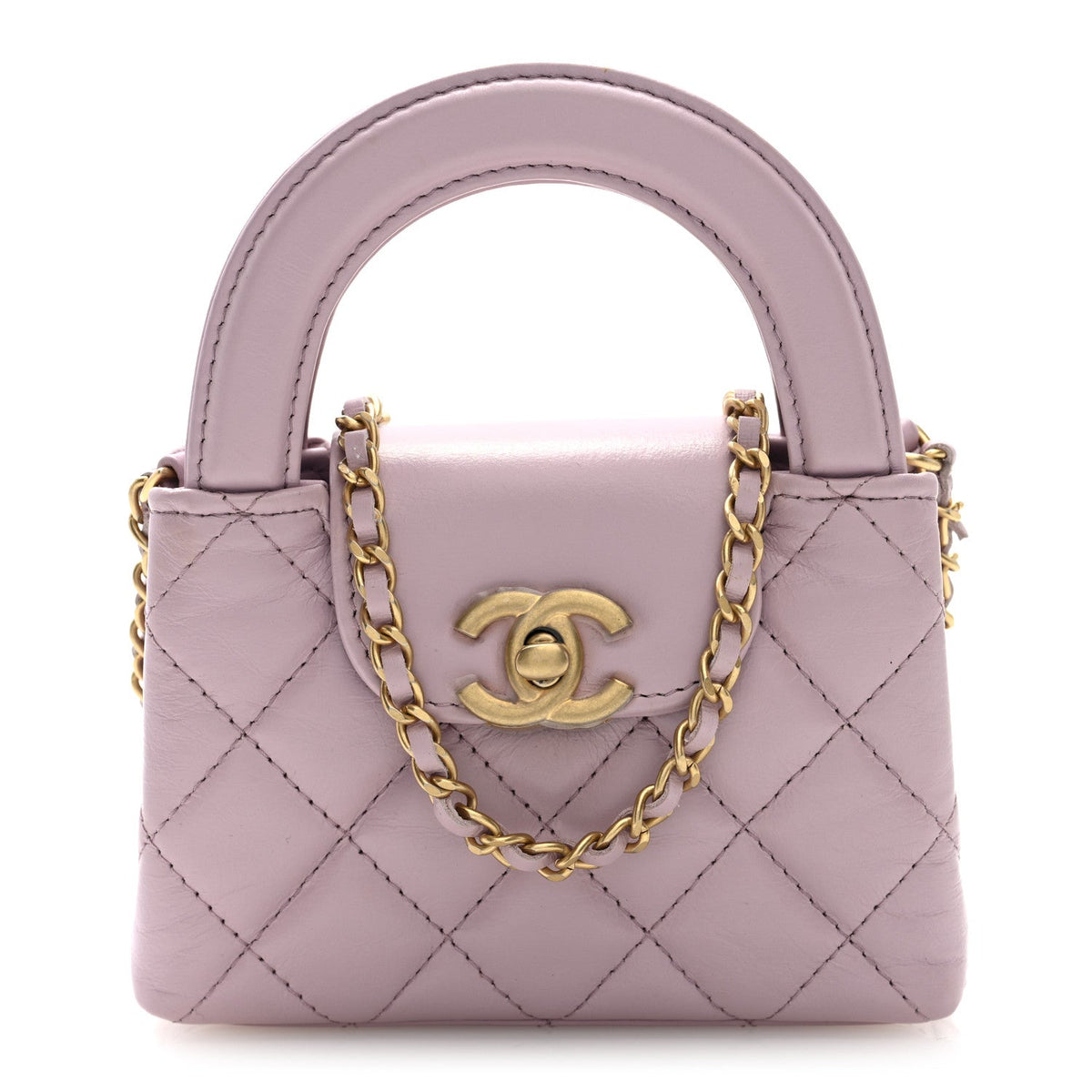 Shiny Aged Calfskin Quilted Mini Nano Kelly Shopper Light Pink
