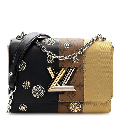 Calfskin Reverse Monogram Studded Twist Shoulder Bag MM Black Gold