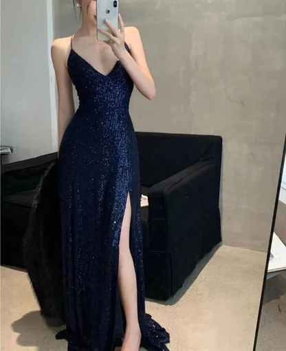 Navy Blue Straps Sequins Sheath Long Formal Party Dress with Split MD7372