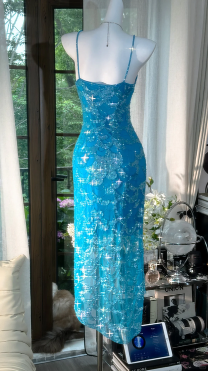 Vintage Blue Mermaid Sparkling Long Chiffon Spaghetti Strap Romantic Evening Dress Prom Dresses D1501