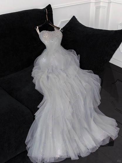 Fashion Sparkling White Beaded Sequin Mermaid Elegant Tulle Evening Dress Prom Dresses D1633