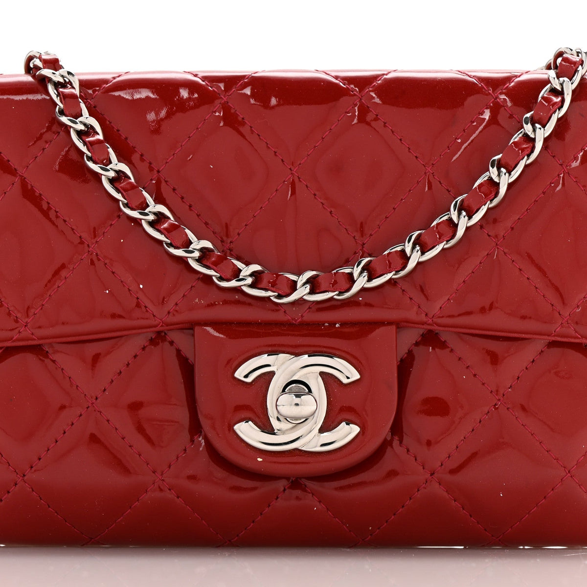 Patent Quilted Mini Flap Clutch With Chain  Red