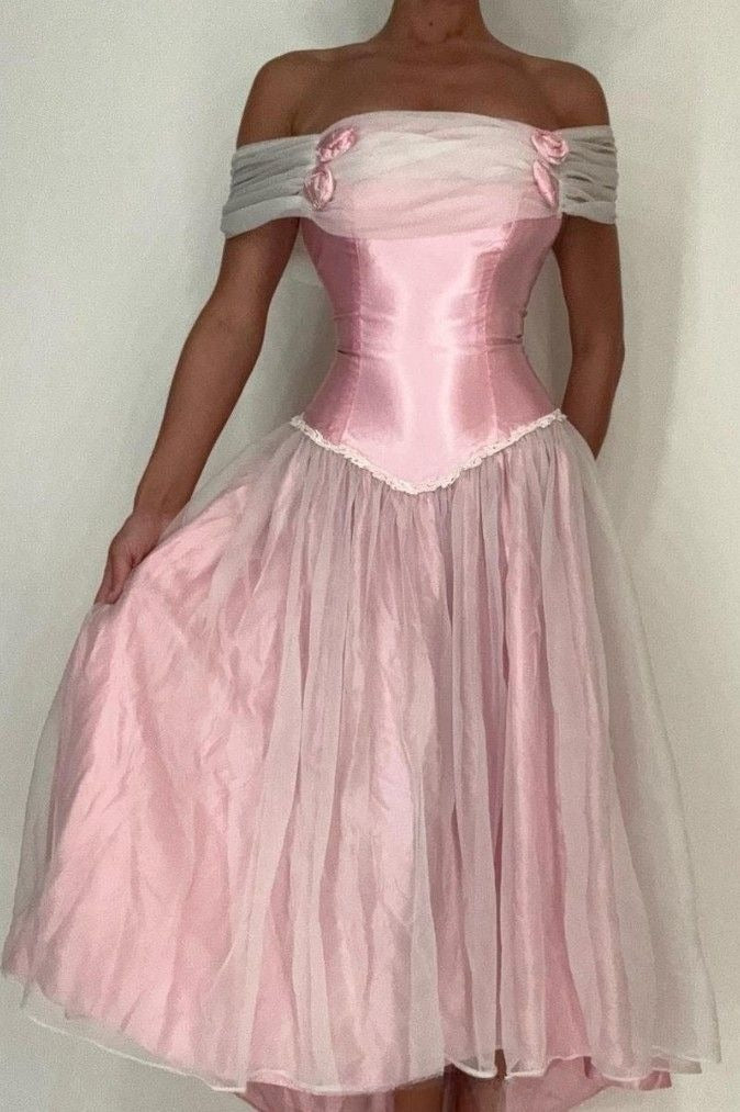 Vintage A Line Off the Shoulder White Tulle Pink Satin Prom Dress Evening Dress SH5661