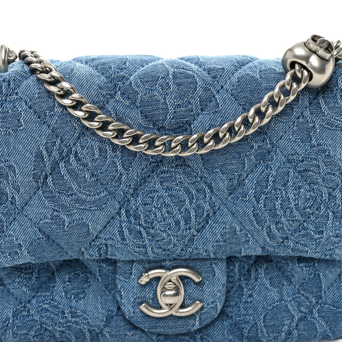 Denim Quilted Camellia Sweetheart Mini Flap Blue