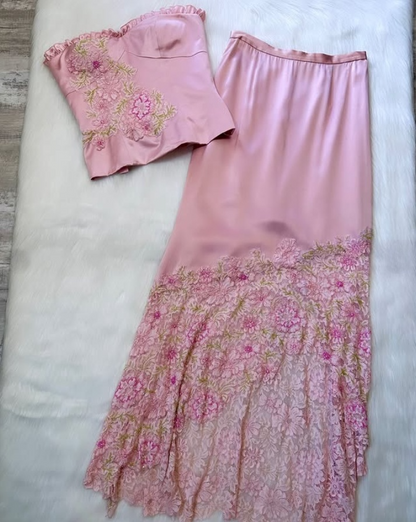 Lovely Pink Two Pieces Strapless Sheath Satin Long Party Dress Birthday Outfits, D918