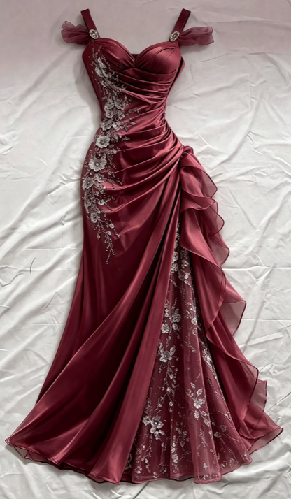 Blue Prom Dress Sheath Straps Satin Appliques Long Evening Dress ED07632
