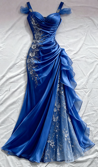 Blue Prom Dress Sheath Straps Satin Appliques Long Evening Dress ED07632