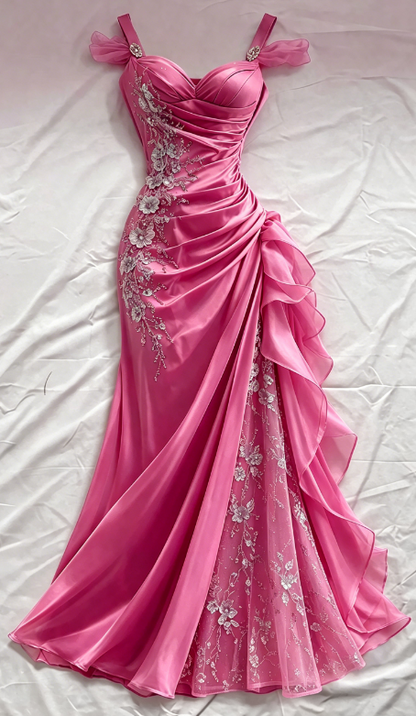 Blue Prom Dress Sheath Straps Satin Appliques Long Evening Dress ED07632