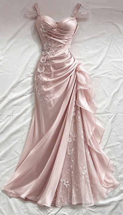 Blue Prom Dress Sheath Straps Satin Appliques Long Evening Dress ED07632