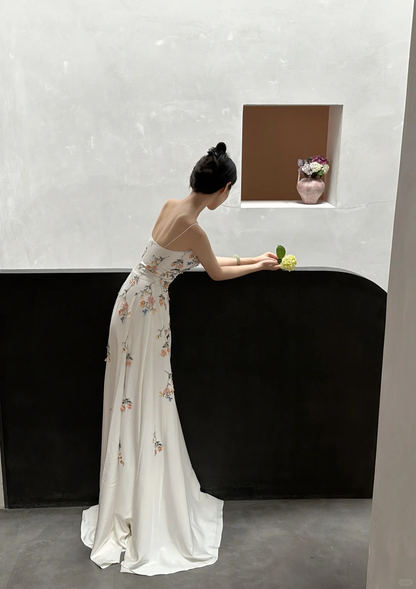 Elegant White Spaghetti Straps A-Line Flower Long Evening Party Dresses, D1044