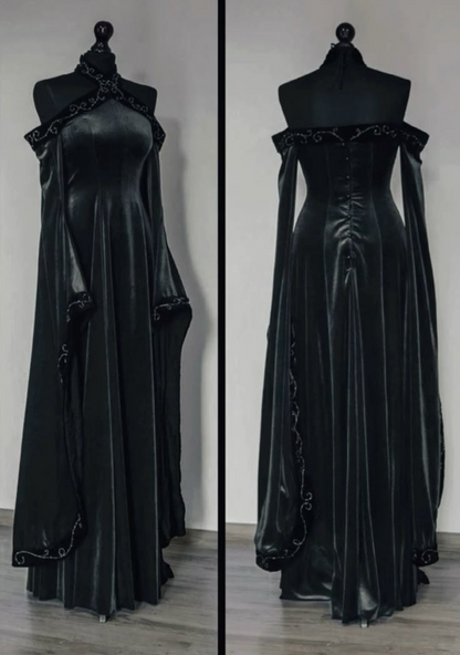 Vintage Dark Blue Halter Neck A-Line Velvet Long Formal Prom Dress Evening Dress, D828