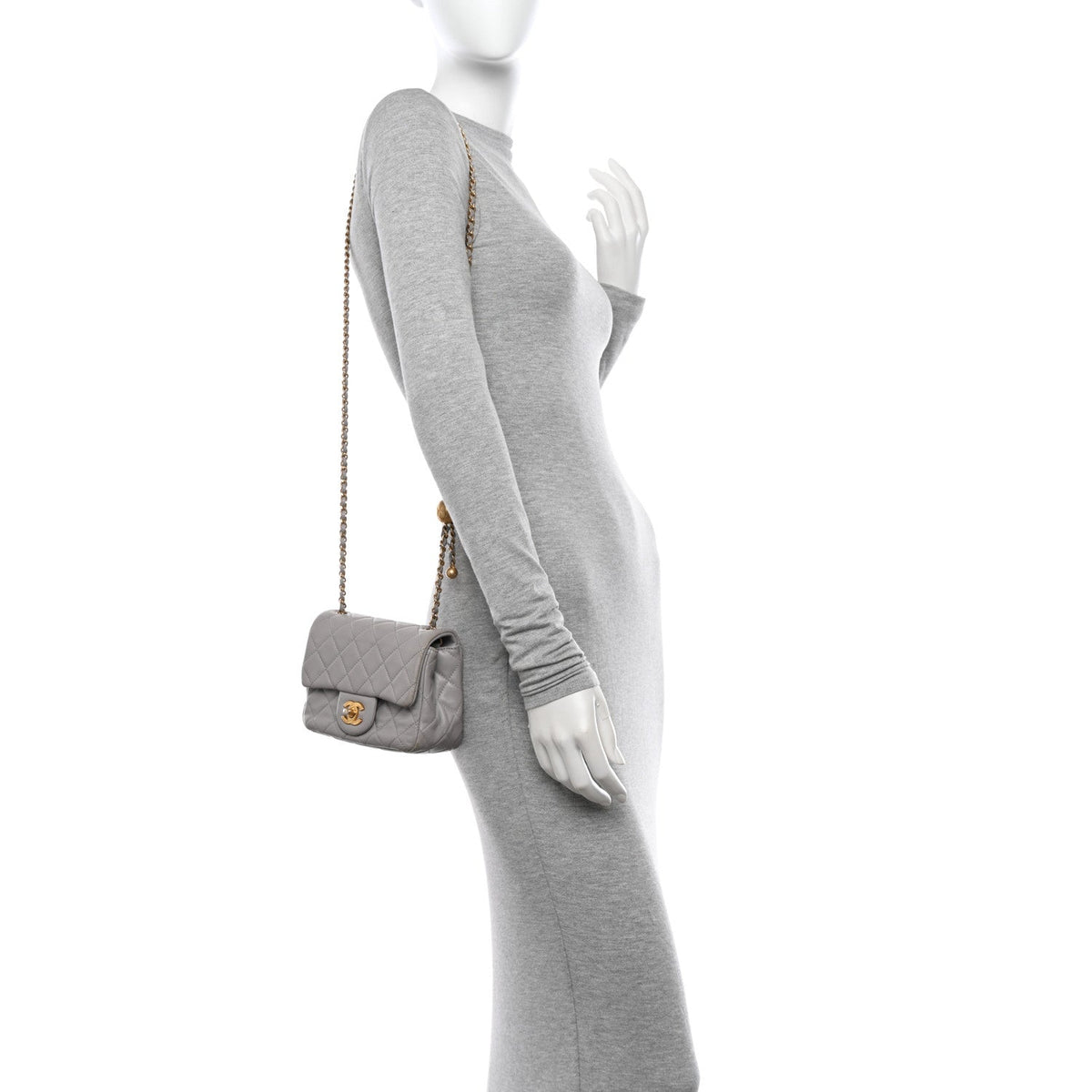 Lambskin Quilted Mini Pearl Crush Flap Light Grey