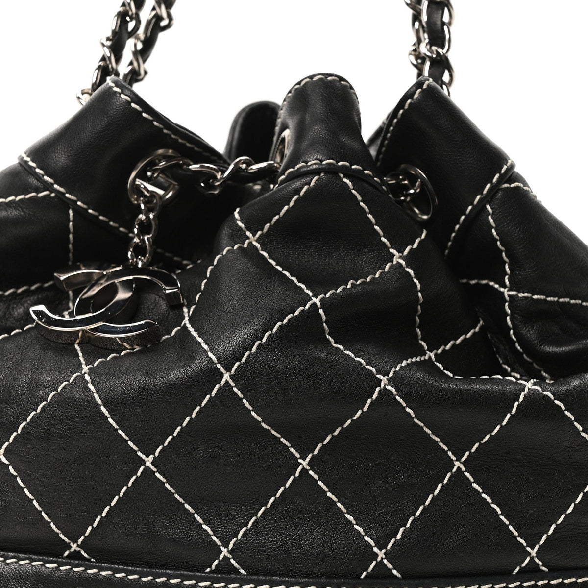 Calfskin Contrast Stitch Surpique Bucket Bag Black