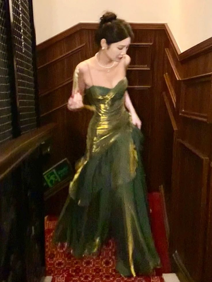 Green Spaghetti Straps A-Line Chiffon Long Evening Party Dress MD7380