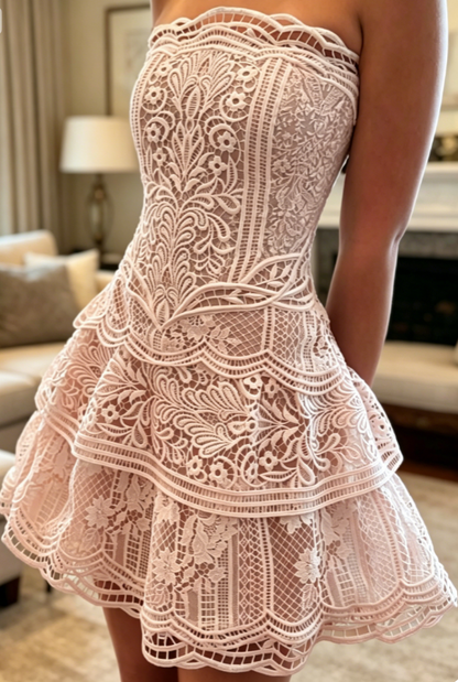 Sexy Strapless Birthday Dress A-Line Lace Homecoming Dress White Party Dress ES07250