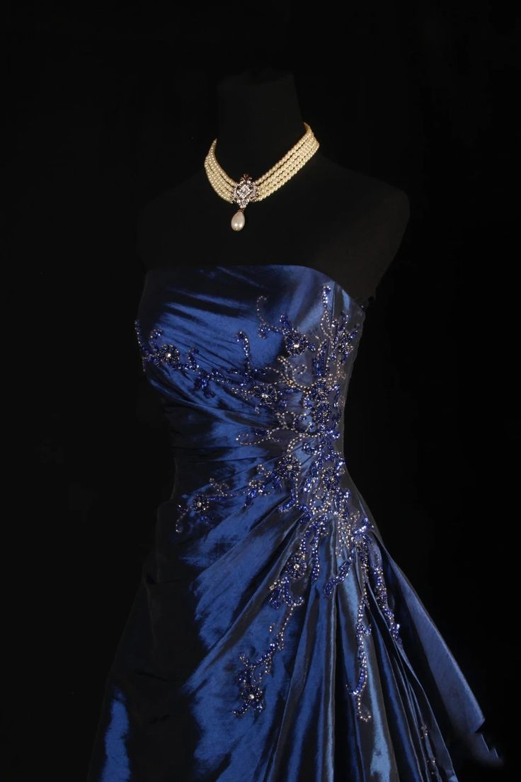 A-Line Navy Blue Strapless Satin Beading Vintage Long Party Dress Evening Dress, D790