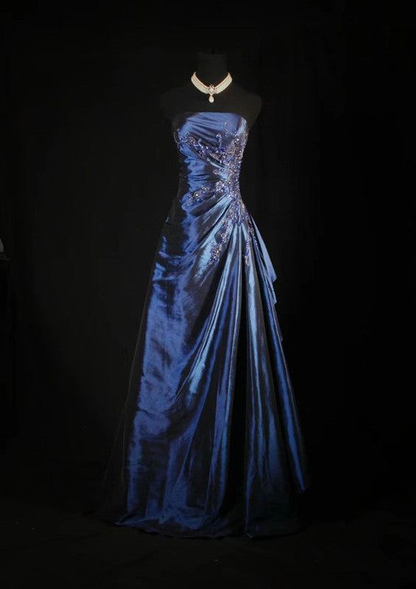 A-Line Navy Blue Strapless Satin Beading Vintage Long Party Dress Evening Dress, D790