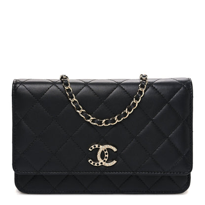 Lambskin Pearl Strass Quilted CC Wallet on Chain WOC Black