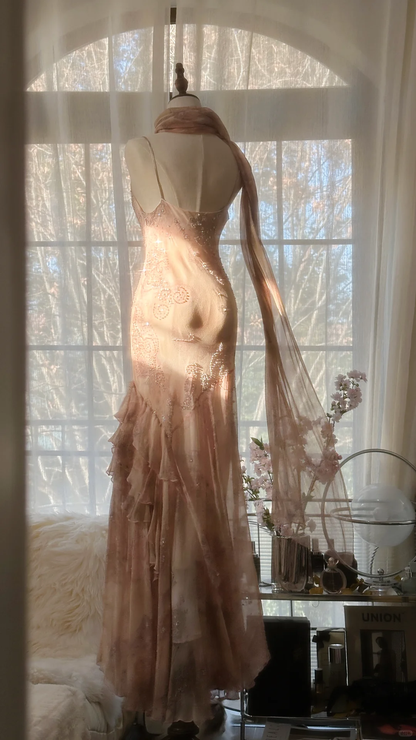 Vintage Champagne Sparkling Elegant Beaded Gorgeous Chiffon Evening Dress Prom Dress D1468