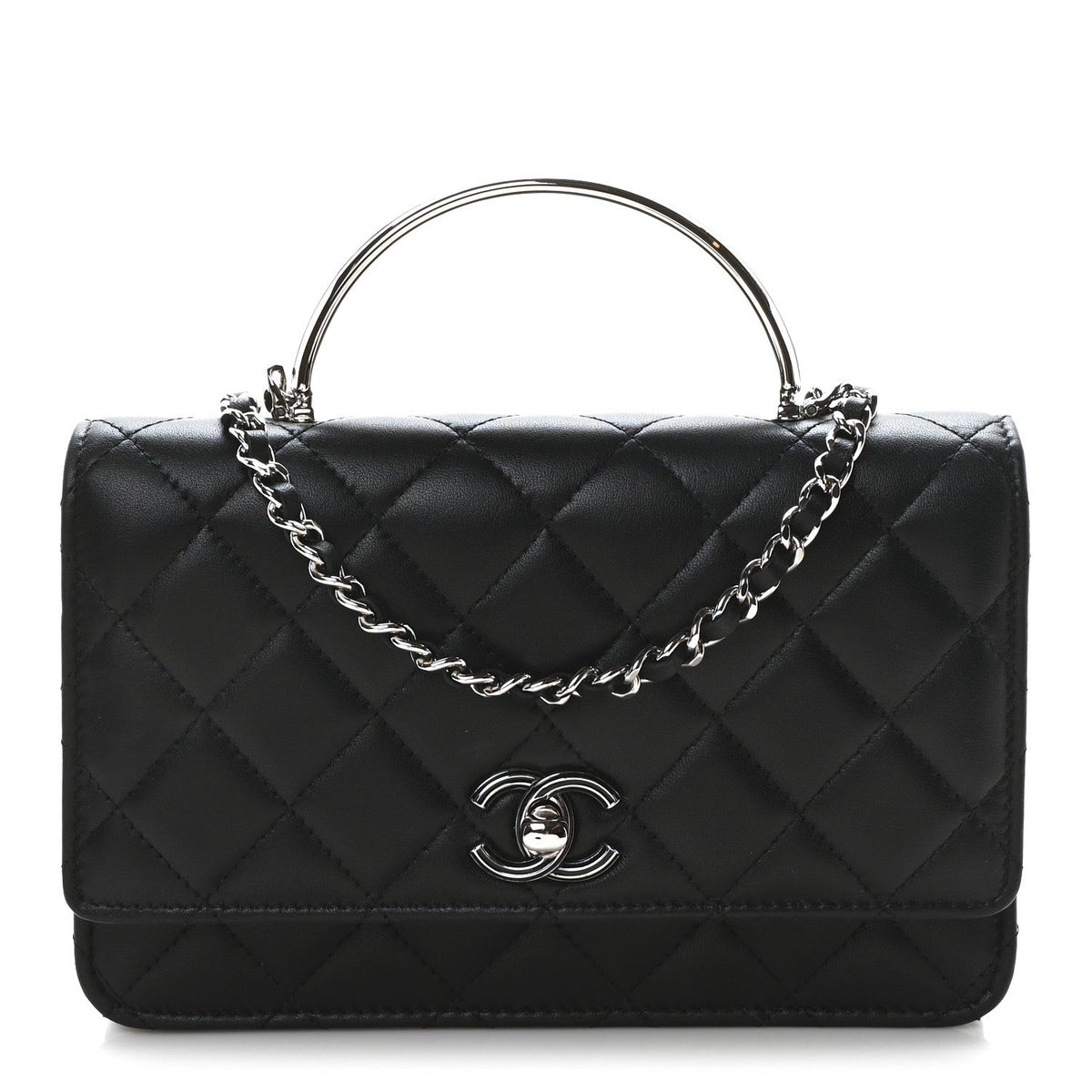 Lambskin Quilted Metal Top Handle Wallet On Chain WOC Black