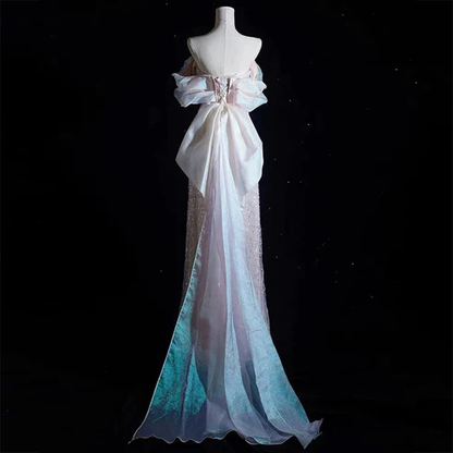 Light Pink Off Shoulder A-Line Sequins Pearls Long Formal Party Dress MD7407
