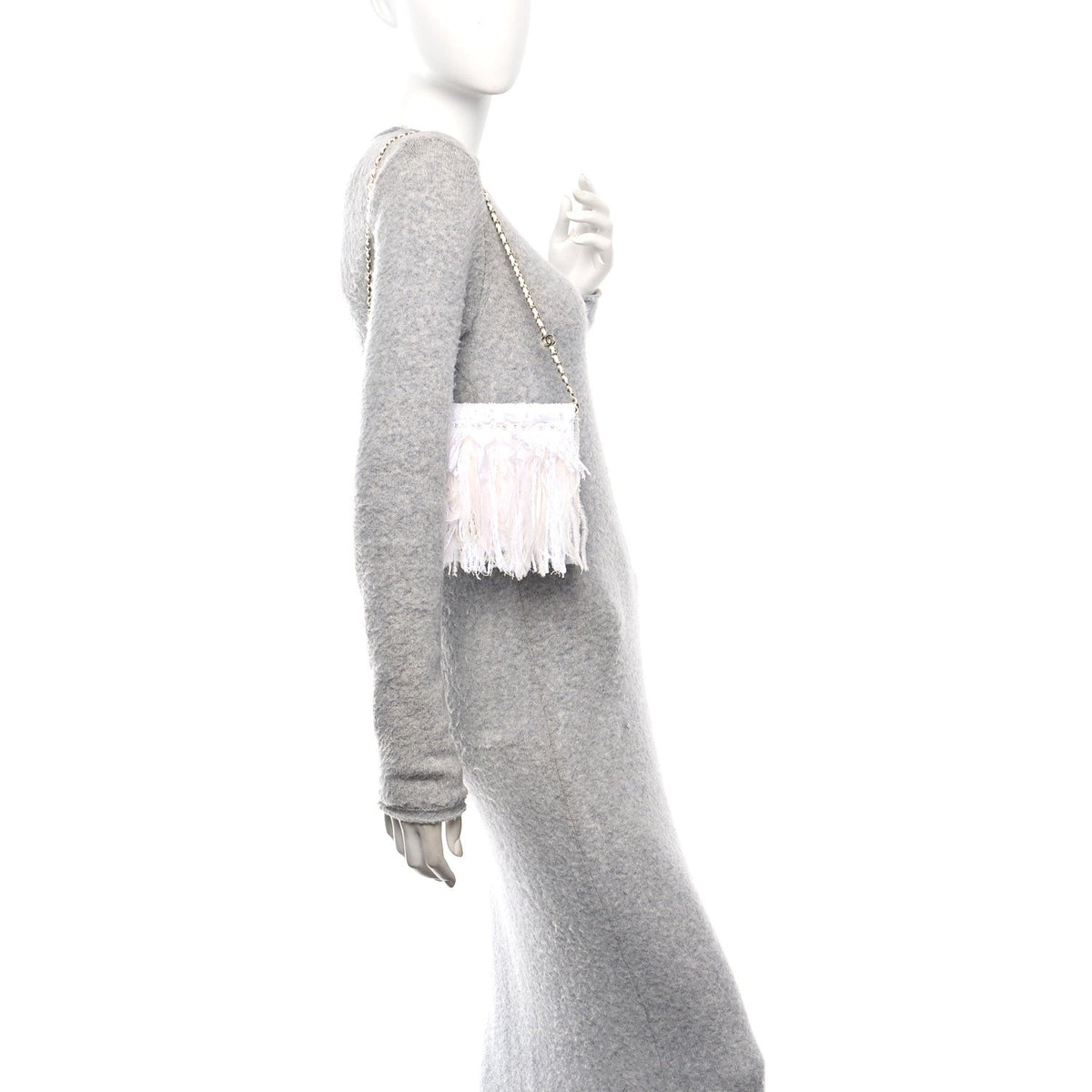 Tweed Embroidered Feathers Pearl Crystal Clutch White