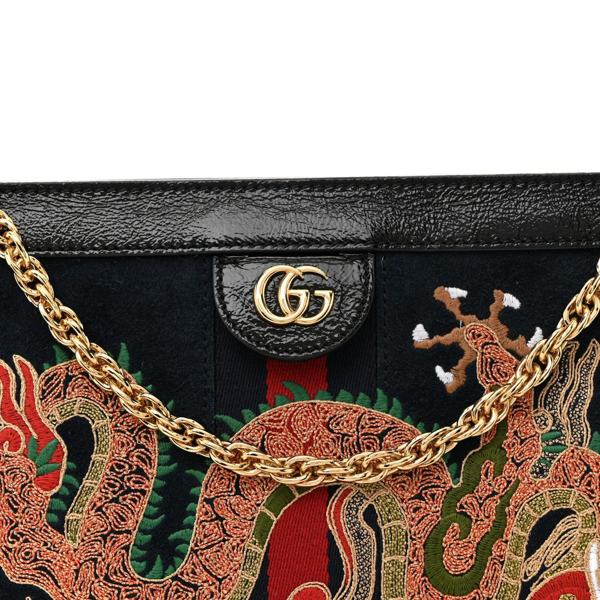 Suede Patent Web Dragon Embroidered Medium Ophidia Chain Shoulder Bag Blue Multicolor Black