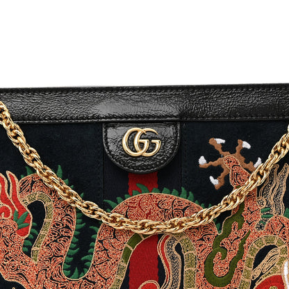 Suede Patent Web Dragon Embroidered Medium Ophidia Chain Shoulder Bag Blue Multicolor Black