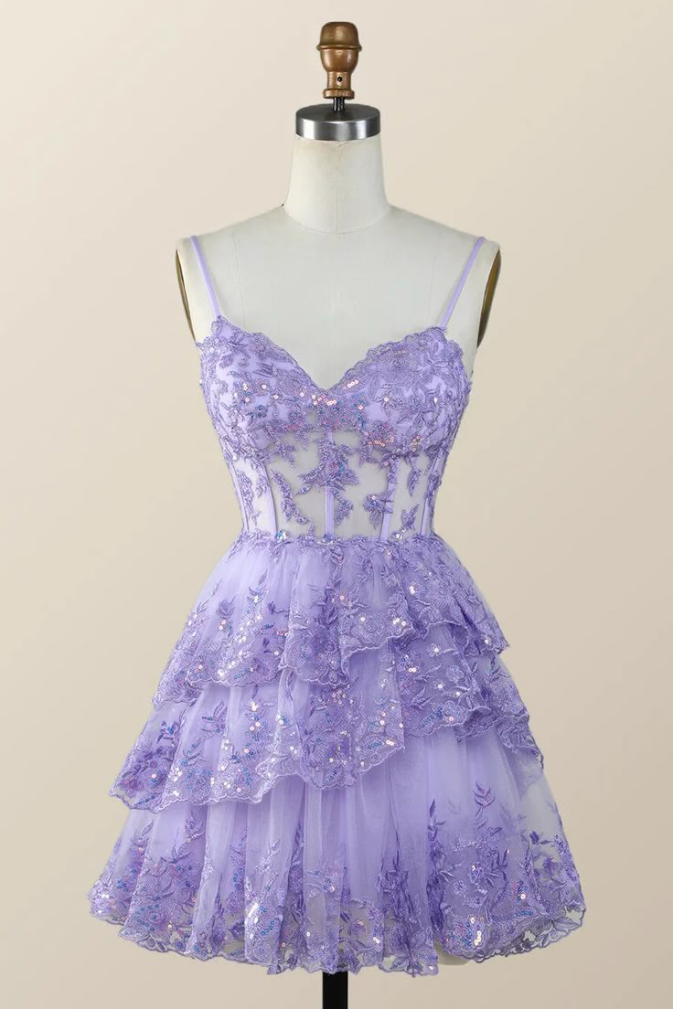 Vintage Purple Sequined Design A-line Spaghetti Strap Tiered Homecoming Dress, D1357
