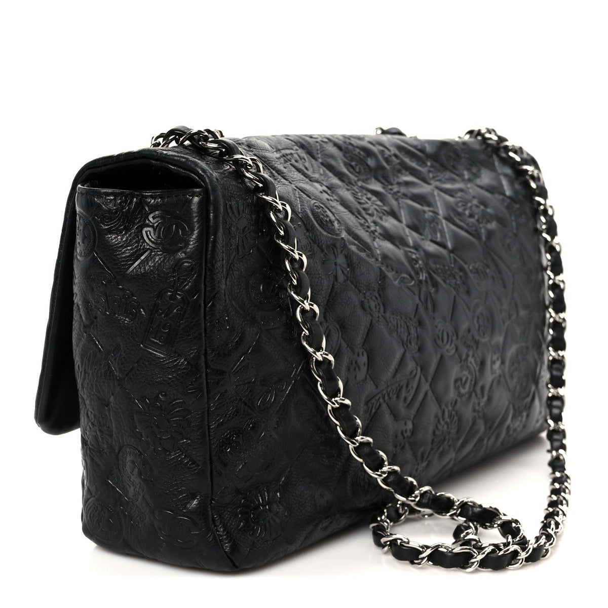 Calfskin Embossed Large Lucky Symbols Flap Black