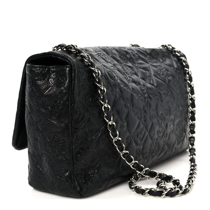 Calfskin Embossed Large Lucky Symbols Flap Black
