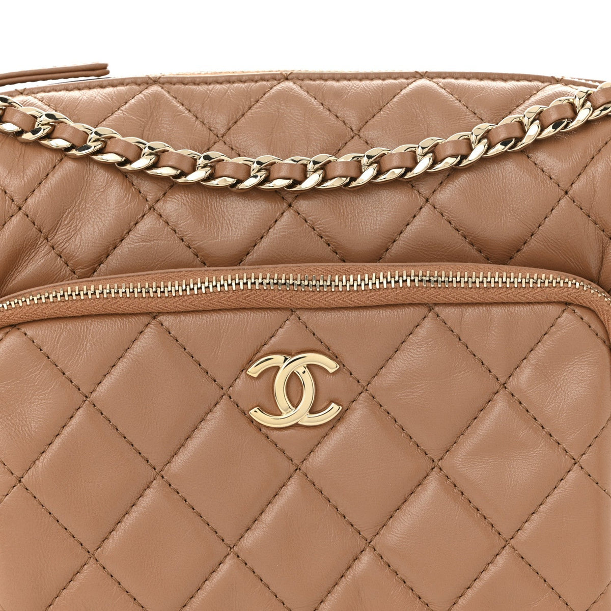 Shiny Crumpled Lambskin Quilted Medium Preppy Pocket Camera Case Brown