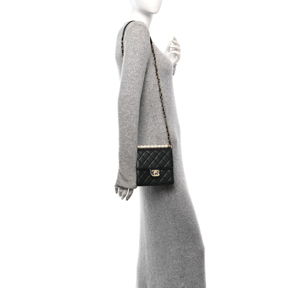 Lambskin Quilted Chic Pearls Flap Black
