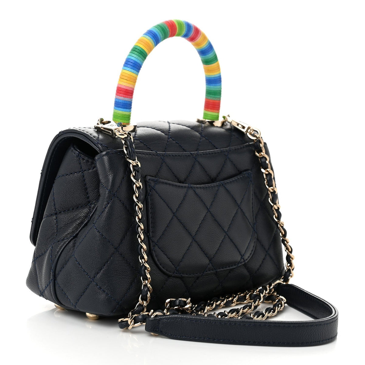 Goatskin Quilted Extra Mini Rainbow Coco Handle Flap Navy Blue