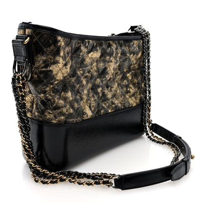 Metallic Crumpled Goatskin Quilted Medium Gabrielle Hobo Black Gold