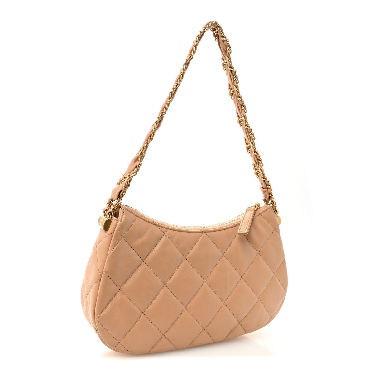 Crumpled Calfskin Quilted Braided CC Hobo Beige