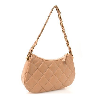 Crumpled Calfskin Quilted Braided CC Hobo Beige