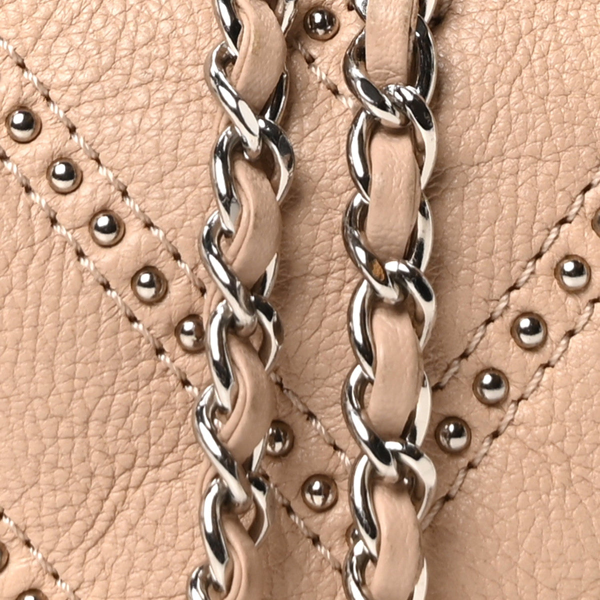 Metallic Calfskin Studded Chevron Quilted Small Stud Wars Drawstring Bag Beige