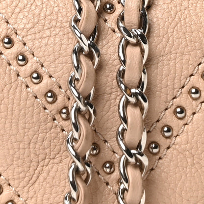 Metallic Calfskin Studded Chevron Quilted Small Stud Wars Drawstring Bag Beige