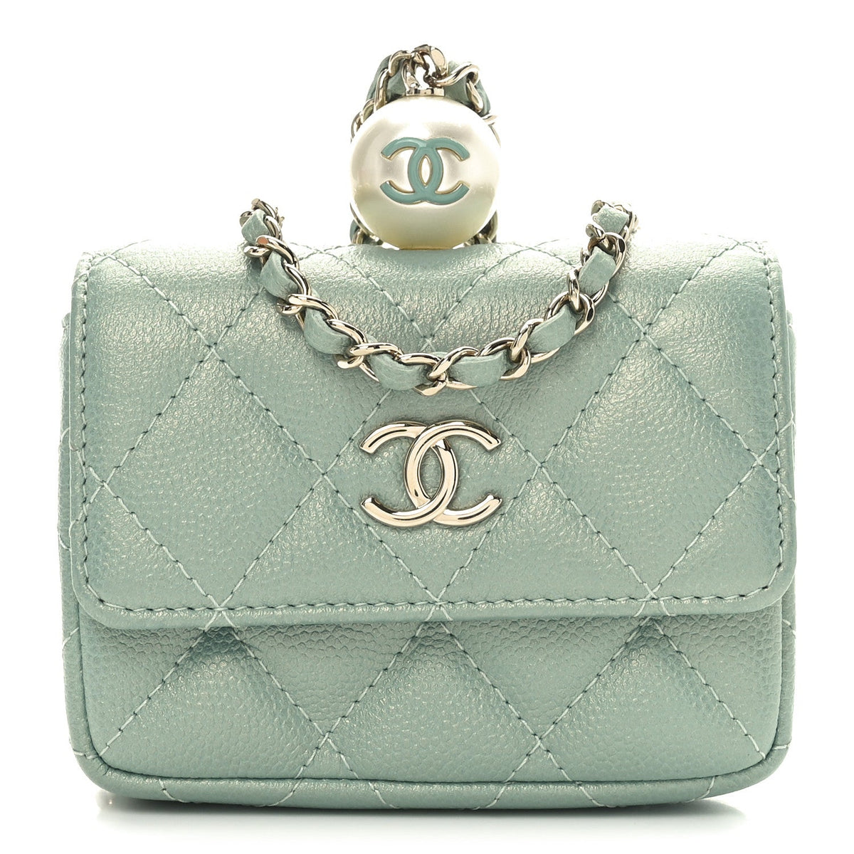 Iridescent Caviar Quilted Pearl On Top Coin Purse With Chain Light Green