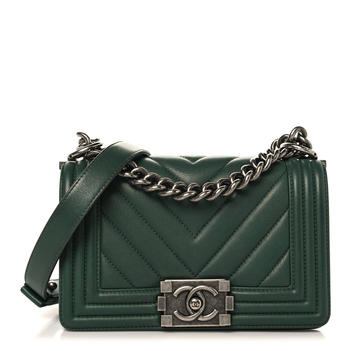 Calfskin Chevron Quilted Small Boy Flap Green