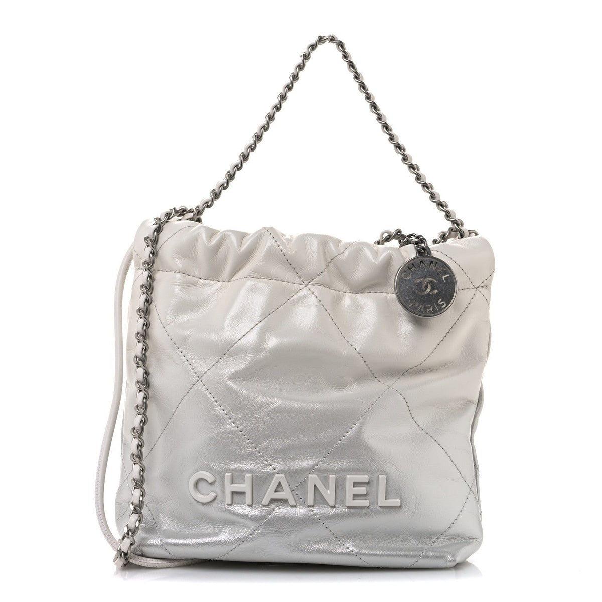 Metallic Shaded Calfskin Quilted Mini Chanel 22 White Silver