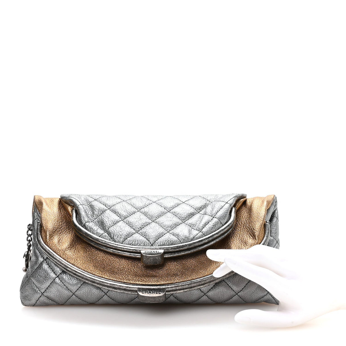 Metallic Goatskin Quilted Frame Clasp Flap Clutch Silver Gold