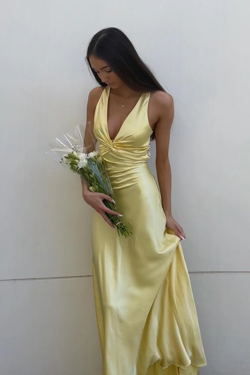 Elegant Purple V Neck Halter Sheath Satin Simple Long Prom Dress MD7638