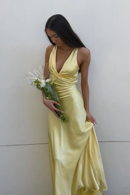 Elegant Purple V Neck Halter Sheath Satin Simple Long Prom Dress MD7638