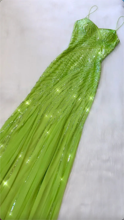 Stunning A Line Spaghetti Strap Sequin Green Tulle Long Prom Dress Evening Dress SH2272