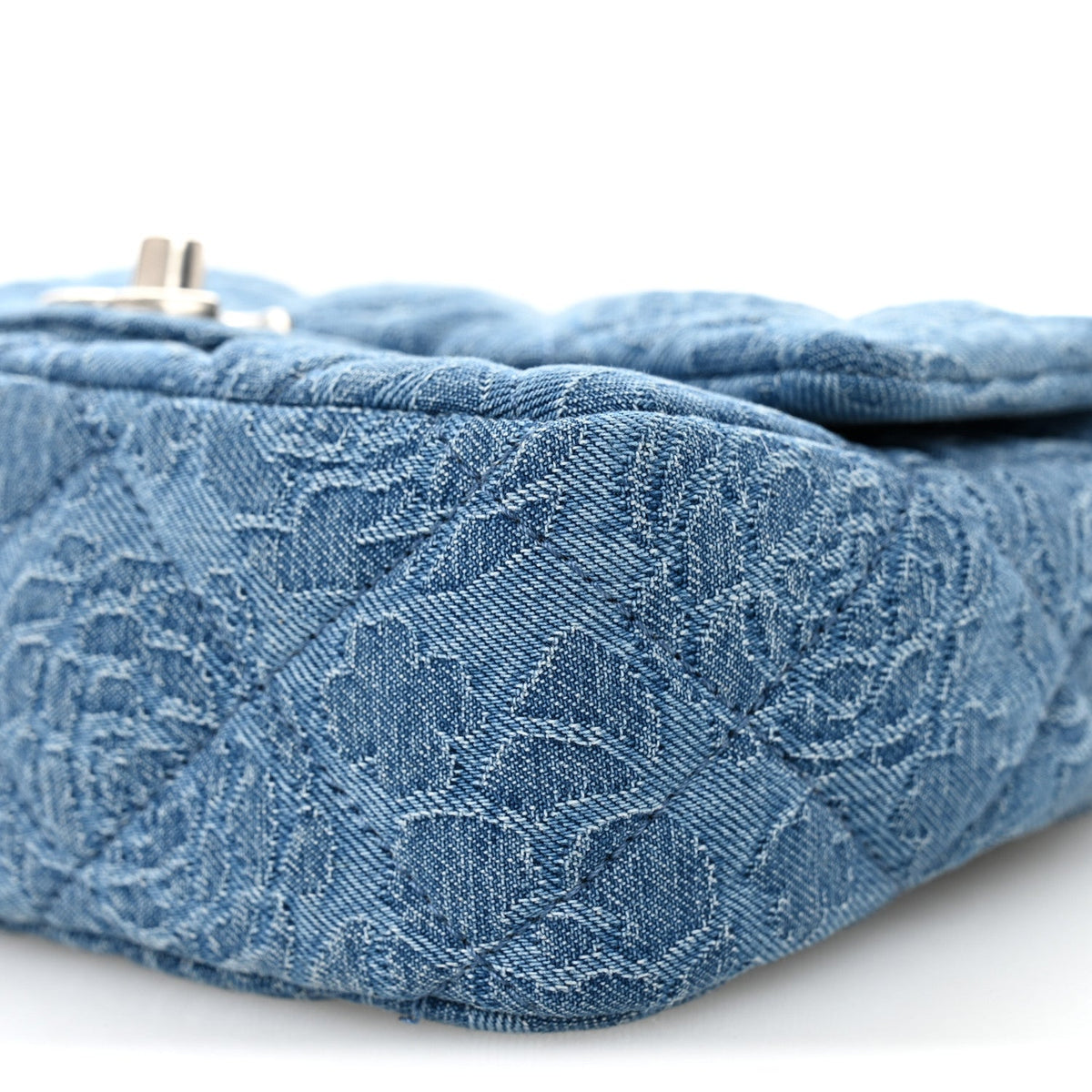 Denim Quilted Camellia Sweetheart Mini Flap Blue